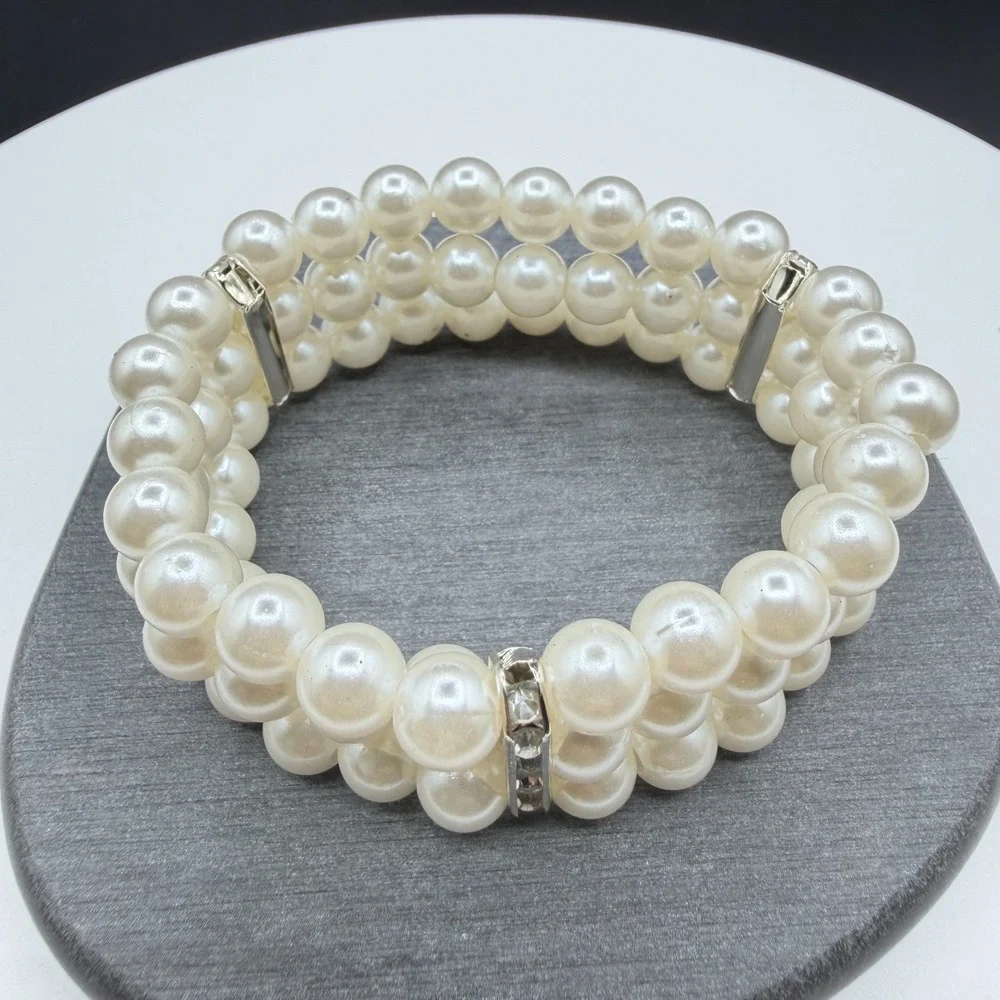 Three Strand Faux Pearl Rhinestone Stretch Bracelet Cuff Cream Statement Jewelry